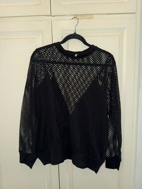 Black Mesh Panel Long-Sleeve Top by